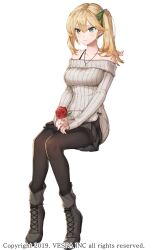 Rule 34 | 1girl, black pantyhose, black skirt, blonde hair, blush, breasts, brown shoes, brown sweater, chrisha (king&#039;s raid), commentary, flower, full body, gem, green eyes, green gemstone, green ribbon, hair ribbon, hands on lap, highres, holding, holding flower, hwansang jungdog, interlocked fingers, jewelry, king&#039;s raid, long hair, medium breasts, miniskirt, necklace, off-shoulder sweater, off shoulder, official alternate costume, official art, own hands together, pantyhose, red flower, red rose, ribbon, rose, shoes, side ponytail, sitting, skirt, solo, sweater