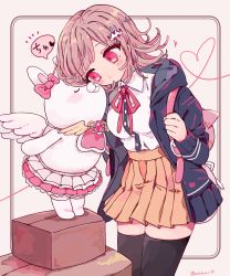 1girl black_shirt blush bow box carton closed_eyes collared_shirt cowboy_shot danganronpa_(series) danganronpa_2:_goodbye_despair dress_shirt ear_bow flipped_hair frilled_skirt frills hair_ornament hairclip heart highres hood hooded_jacket jacket layered_skirt light_brown_hair looking_at_another medium_hair nanami_chiaki neck_ribbon on_box open_clothes open_jacket osshouri55 pink_bow pink_eyes pink_ribbon pleated_skirt purple_jacket ribbon shirt shirt_tucked_in simple_background skirt spaceship_hair_ornament standing thighhighs translation_request usami_(danganronpa) white_background white_shirt wings zettai_ryouiki
