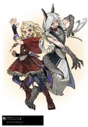 1boy 1girl :d animal_ears animal_feet arm_tattoo blonde_hair body_fur boots claws cloak collar dress dungeon_meshi elf fleki fur_trim gloves green_eyes grey_fur grey_hair hair_around_ear hair_ornament highres hood hooded_cloak leash long_hair low_twintails lycion magical_boy magical_girl notched_ear nova_1810 open_mouth pointy_ears purple_eyes red_cloak red_dress skirt smile spiked_collar spikes tail tattoo twintails werewolf wolf_boy wolf_ears wolf_tail