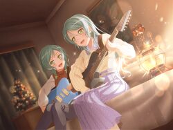 Rule 34 | 2girls, anime coloring, aqua hair, bang dream!, bed sheet, bedroom, black pants, bloom, blush, bow, braid, brown sweater, ceiling, christmas ornaments, christmas tree, collared shirt, curtains, dutch angle, electric guitar, feet out of frame, green eyes, guitar, hand up, happy, hikawa hina, hikawa sayo, holding, holding guitar, holding instrument, indoors, instrument, lamp, lens flare, light particles, long hair, long skirt, long sleeves, looking at another, looking to the side, medium hair, multiple girls, music, night, official art, on bed, open mouth, painting (object), pants, paper, picture frame, playing guitar, playing instrument, purple skirt, shirt, siblings, side braids, sidelighting, sisters, sitting, skirt, smile, sparkle, sweater, twin braids, twins, two-tone sweater, white shirt, yellow bow, yellow sweater
