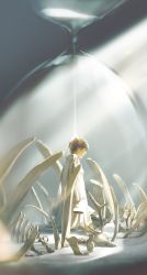 1boy animal_skull arms_at_sides bone brown_hair closed_eyes closed_mouth coat commentary_request crack facing_away highres hourglass kneeling light_rays long_sleeves original pants ribs rido_(ridograph) sand short_hair skeleton sleeves_past_wrists solo sunbeam sunlight watermark web_address white_coat white_pants