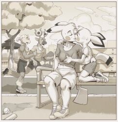 1girl 3boys age_difference apis ass_grab bench blaziken bulge cheating_(relationship) dimples drooling erection erection_under_clothes french_kiss furry gen_1_pokemon gen_2_pokemon gen_3_pokemon grabbing_another&#039;s_breast groping happy_sex hetero highres incest jogging kiss monster_boy monster_girl mother_and_son multiple_boys muscular muscular_male netorare nintendo nipples outdoors park park_bench pichu pikachu pokemon pokemon_(creature) public_indecency shorts shota stantler tail tank_top tree watching