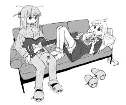 1girl bocchi_the_rock! commentary couch d3g_takahashi gotoh_hitori greyscale guitar ijichi_nijika instrument long_hair monochrome sitting socks solo very_long_hair