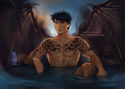 Rule 34 | 1boy, a court of thorns and roses (series), absurdres, arm tattoo, artist name, azriel (acotar), bat wings, bathing, black hair, brown eyes, chest tattoo, commentary, demon wings, english commentary, highres, light smile, looking at viewer, male focus, muscular, nipples, original, partially submerged, pectorals, rosalynnart, scar, scar on hands, short hair, shoulder tattoo, solo, tattoo, topless male, upper body, water, wings