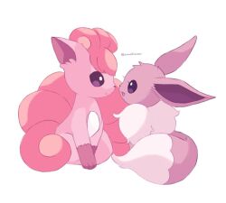 animal_focus brown_eyes commentary eevee gen_1_pokemon lying nintendo no_humans open_mouth pokemon pokemon_(creature) sitting smile sorashiramu symbol-only_commentary twitter_username vulpix white_background