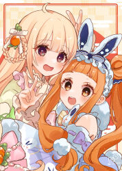 2girls :d ahoge animal_ears bare_shoulders bow braid brown_background brown_eyes brown_hair commentary_request detached_sleeves egasumi fake_animal_ears futaba_anzu hair_bun hair_rings hand_up highres ichihara_nina idolmaster idolmaster_cinderella_girls idolmaster_cinderella_girls_starlight_stage long_hair long_sleeves looking_at_viewer multiple_girls open_mouth pink_bow rabbit_ears red_eyes rino_cnc side_ponytail single_side_bun smile very_long_hair w white_bow wide_sleeves