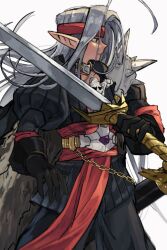 1boy ahoge armor belt wallet_chain black_gloves black_pants chain curtained_hair dragon_quest dragon_quest_iv expressionless from_side gloves grey_hair headband highres holding holding_sword holding_weapon huge_ahoge jewelry juliet_sleeves long_hair long_pointy_ears long_sleeves male_focus neck_ring necklace pants parted_hair pauldrons pisaro pointy_ears profile puffy_sleeves red_eyes red_headband red_sash sash shoulder_armor shoulder_spikes single_pauldron single_shoulder_pad skull_necklace solo spiked_pauldrons spikes sword weapon y_hcei10
