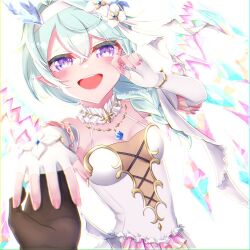 Rule 34 | 1girl, blue hair, blue horns, cross-laced clothes, cross-laced dress, crystal horns, crystal wings, dragon girl, dragon horns, dragon wings, flower, hairband, hand to hand, horns, jewelry, light blue hair, necklace, nonoura73, princess connect!, purple eyes, sheffy (princess) (princess connect!), sheffy (princess connect!), solo, white flower, white hairband, wings