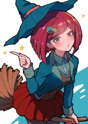 1girl blue_hat blue_jacket broom broom_riding brown_vest danganronpa_(series) danganronpa_v3:_killing_harmony gem_hair_ornament hat highres index_finger_raised jacket long_sleeves looking_at_viewer open_clothes open_jacket pantyhose parted_lips pleated_skirt red_eyes red_hair red_skirt short_hair skirt solo star_(symbol) vest witch_hat youko-shima yumeno_himiko