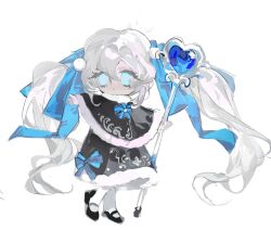 1girl :&lt; black_capelet black_dress black_shoes blue_eyes blue_ribbon capelet chinese_commentary closed_mouth commentary_request deformed dress dress_ribbon fur-trimmed_capelet fur-trimmed_dress fur_trim hair_ornament hair_ribbon heart highres holding holding_scepter long_hair mary_janes original pantyhose pom_pom_(clothes) pom_pom_hair_ornament ribbon scepter shoes simple_background solo twintails vihua6 white_background white_hair white_pantyhose