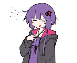 1girl blush_stickers closed_eyes doyagao fusazakura hood hoodie purple_hair short_hair_with_long_locks smug solo voiceroid white_background yuzuki_yukari