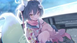 1girl animal_ears animated black_hair blue_archive dress fingerless_gloves fishnet_legwear fishnets fox_ears fox_girl fox_tail gloves hair_ornament hairpin halo highres hugging_own_legs izuna_(blue_archive) knees looking_at_viewer official_art pink_dress pink_scarf scarf screencap shoes single_fang tagme tail video yellow_eyes