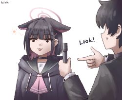 1boy 1girl :3 :p absurdres black_choker black_eyes black_hair black_jacket blue_archive blue_archive_the_animation blunt_bangs bob_cut business_suit buttons choker colored_inner_animal_ears colored_inner_hair commentary ears_down empty_eyes english_commentary english_text feral_instincts formal_clothes green_sailor_collar hair_ornament hairclip halo highres holding hood hooded_jacket jacket kai_xin kazusa_(blue_archive) long_sleeves looking_afar meme men_in_black multicolored_hair neckerchief neuralyzer pink_neckerchief pointing sailor_collar school_uniform sensei_(blue_archive) sensei_(blue_archive_the_animation) serafuku short_hair sidelocks simple_background suit tongue tongue_out two-tone_hair white_background