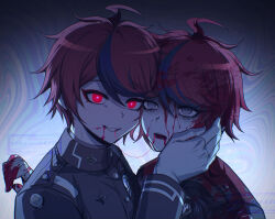 Rule 34 | 2boys, absurdres, ahoge, blank eyes, blood, blood from mouth, blood in mouth, blood on clothes, blood on face, blood on gloves, blood on teeth, blood string, dual persona, evil grin, evil smile, eyeliner, gakuran, gloves, grin, hand on another&#039;s face, highres, hole in chest, hole on body, implied kiss, last defense academy school uniform, makeup, male focus, multicolored hair, multiple boys, official alternate eye color, possessed, red eyeliner, red eyes, red hair, school uniform, selfcest, short hair, smile, spoilers, streaked hair, sumino takumi, teeth, the hundred line -last defense academy-, twitter username, upper body, white gloves, yaoi, ziling, zombie