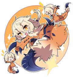 &gt;_&lt; 3girls :d absurdres ass blonde_hair blush character_request closed_eyes commentary_request drawstring great_izuchi hair_between_eyes halftone halftone_background highres izuchi jacket milkpanda monster_hunter_(series) multiple_girls notice_lines open_mouth orange_eyes orange_jacket orange_shirt outstretched_arms personification profile sharp_teeth shirt short_eyebrows sleeveless sleeveless_shirt smile sparkle tail teeth thick_eyebrows white_background xd |_|