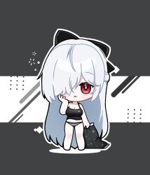 Rule 34 | 1girl, alternate costume, alternate hairstyle, barefoot, black background, black panties, black shirt, bow, breasts, chibi, cinderella (nikke), cleavage, collarbone, commentary, deformed, goddess of victory: nikke, groin, hair bow, hair over one eye, hand on own face, hand up, highres, holding, holding pillow, large breasts, long hair, looking at viewer, messy hair, momori sensei, open mouth, panties, pillow, red eyes, shirt, solo, striped clothes, striped panties, tank top, underwear, very long hair, white hair