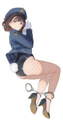 1girl absurdres ankle_cuffs ass black_footwear black_hair black_leotard blue_eyes blue_hat blue_jacket commentary_request cuffs ddal fake_tail fishnet_pantyhose fishnets gloves handcuffs hat high_heels highres jacket japan_national_police leotard long_sleeves looking_at_viewer looking_back lying nontraditional_playboy_bunny on_side open_mouth original pantyhose police police_hat police_uniform policewoman rabbit_tail short_hair solo tail white_gloves