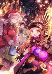 Rule 34 | 1boy, 3girls, bag, black dress, black gloves, black hair, black headwear, box, braid, brown hair, chacha (fate), christmas, christmas lights, closed eyes, closed mouth, dress, fate/grand order, fate (series), floating hair, florence nightingale (fate), florence nightingale (santa) (fate), formal clothes, gift, gift box, gloves, grey hair, hat, holding, holding bag, holding gift, long hair, long sleeves, multiple girls, night, night sky, official art, open mouth, oryou (fate), outdoors, pink eyes, pointing, red dress, red eyes, rioka (southern blue sky), sakamoto ryouma (fate), santa costume, santa dress, santa hat, second-party source, shopping bag, short hair, sky, smile, stuffed animal, stuffed toy, suit, teeth, upper teeth only, white gloves, white headwear, white suit