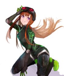 1girl arm_up black_bodysuit bodysuit breasts brown_hair elbow_pads facing_viewer floating_hair full_body goggles goggles_on_head green_bodysuit grin kneeling long_hair looking_up orange_hair persona persona_5 purple_eyes sakura_futaba sidelocks sideways_glance simple_background small_breasts smile solo tami_(zagh5778) two-tone_bodysuit very_long_hair white_background