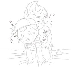 2boys anal bad_tag bed bent_over black_hair blush child elementary_schoolboy hat legs lucas_(mother_3) moaning mother_(series) mother_2 mother_3 multiple_boys ness_(mother_2) nintendo sex shirt shota shota_on_shota sjsj_10 socks super_smash_bros. sweat traditional_media yaoi