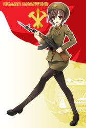 1girl :o ak-47 assault_rifle axis_powers_hetalia badge bayonet belt breasts brown_eyes brown_hair brush coat_of_arms communism dam female_focus flag full_body gun hammer hammer_and_sickle hat kalashnikov_rifle korean_text kukan looking_at_viewer medal military military_dress_uniform military_hat military_uniform mountain north_korea open_mouth original outline pantyhose power_lines propaganda red_pixiv red_theme rifle sad shoes short_hair sickle solo star_(symbol) thighband_pantyhose walking weapon white_outline