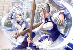2girls absurdres apron black_dress blue_eyes blush breasts cosplay crossover d4dj dress fighting frilled_apron frills grey_hair high_ponytail highres large_breasts long_hair long_sleeves maid maid_apron maid_headdress multiple_girls niijima_ibuki official_art open_mouth ponytail shirt sword sylpha_langlis sylpha_langlis_(cosplay) tensei_shitara_dai_nana_oji_datta_no_de:_kimama_ni_majutsu_o_kiwamemasu third-party_source very_long_hair weapon white_hair white_shirt wooden_sword