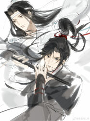 2boys absurdres bishounen black_eyes black_hair black_hanfu chinese_clothes chinese_commentary closed_mouth dizi floating_hair flute hair_ribbon hanfu headband highres holding holding_flute holding_instrument instrument lan_wangji long_hair long_sleeves looking_at_viewer male_focus modao_zushi multiple_boys music parted_lips playing_flute playing_instrument ponytail red_ribbon ribbon robe shenzhang10011 simple_background sketch sleeves_past_wrists smile transverse_flute upper_body watermark wei_wuxian weibo_watermark white_background white_hanfu white_headband wide_sleeves xiao_guan_(headdress) yellow_eyes