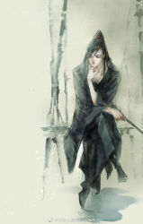 1boy bamboo black_boots black_hair black_hanfu boots chinese_clothes closed_mouth collarbone crossed_legs dizi faux_traditional_media flute full_body hair_ribbon hand_on_own_chin hanfu head_rest high_ponytail holding holding_flute holding_instrument ink_wash_painting instrument kcllzas163 long_hair long_sleeves looking_down male_focus modao_zushi ponytail red_ribbon ribbon robe sitting smile solo third-party_source transverse_flute watermark wei_wuxian weibo_watermark wide_sleeves