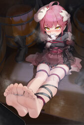 1girl absurdres aiza-ku arms_behind_back barefoot bdsm bondage boots bound bound_toes cable_tie cellphone cloth_gag feet flower foot_focus fox_mask gag gagged hair_flower hair_ornament highres improvised_gag indoors japanese_clothes mask obi original phone red_hair rolling_eyes sash shibari side_ponytail smartphone soles thighhighs unworn_boots unworn_thighhighs white_thighhighs wide-eyed wooden_floor yellow_eyes