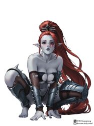 1girl absurdres areola_slip arm_support armlet bare_shoulders bikini black_bikini black_lips black_nails blush breasts closed_mouth dark_eldar high_ponytail highres jewelry leg_armor lelith_hesperax long_hair looking_at_viewer nnnmengmeng pale_skin pointy_ears ponytail red_eyes red_hair simple_background sitting solo spiked_armlet spiked_legwear swimsuit toes torn_clothes twitter_username very_long_hair warhammer_40k white_background
