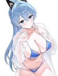 1girl bikini bikini_under_clothes blue_bikini blue_eyes blue_hair collarbone goddess_of_victory:_nikke hands_on_own_chest helm_(aqua_marine)_(nikke) helm_(nikke) looking_at_viewer official_alternate_costume see-through_clothes see-through_shirt shirt simple_background solo swimsuit tagme wapuwaffle white_background