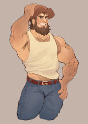 Rule 34 | 1boy, armpit hair, bara, beard, blush, cowboy hat, cropped legs, denim, dinosaur king, facial hair, fallameesto, full beard, grin, hairy, hat, highres, huge eyebrows, jeans, large pectorals, long beard, looking at viewer, male focus, mature male, midriff peek, muscular, muscular male, navel hair peek, nipple slip, nipples, pants, pectoral cleavage, pectorals, short hair, sidepec, smile, solo, spike taylor, standing, thick arm hair, thick beard, thick chest hair, thick navel hair, thick thighs, thighs, tsurime, veiny crotch, very hairy