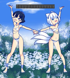 2girls animal_ears anklet armlet belly_dancer belly_jewel bikini black_hair blue_eyes calendar choker cloud collarbone dancer drantyno flat_chest flower fox_ears fox_girl fox_tail fuyu_(ryuhi) grass harem_outfit highres holding_hands jewelled_navel jewelry june looking_at_viewer megu_(ryuhi) multiple_girls necklace open_mouth pelvic_curtain purple_eyes shoes short_hair sky smile standing swimsuit tail teeth white_bikini white_footwear white_hair wristband