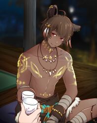 1boy 1other animal_ear_piercing animal_ears blurry blurry_background brown_hair choko_(cup) closed_mouth cup dark-skinned_male dark_skin dog_boy dog_ears earrings feather_hair_ornament feathers feet_out_of_frame hair_ornament highres indian_style jewelry looking_at_viewer mahjong_soul male_focus meg_(user_xszk7724) musa_(mahjong_soul) neck_tattoo necklace no_nipples pov pov_hands red_eyes short_hair shoulder_tattoo sitting smile solo_focus tattoo toasting_(gesture) tooth_necklace topless_male tribal watermark