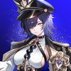 Rule 34 | 1girl, 1i1, artist name, black hat, black jacket, blue background, breasts, chest harness, commentary, english commentary, expressionless, gold trim, hair over one eye, halterneck, harness, hashtag-only commentary, hat, jacket, large breasts, long hair, long sleeves, looking at viewer, original, peaked cap, purple hair, shirt, sideboob, solo, symbol-shaped pupils, two-sided fabric, two-sided jacket, upper body, white shirt, yellow eyes