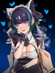 Rule 34 | 1girl, 1other, absurdres, animal ears, azur lane, black dress, black gloves, blush, breasts, cat ears, cheshire (azur lane), cleavage, dress, fang, fingerless gloves, gloves, head rest, heart, highres, large breasts, looking at viewer, maid, maid headdress, nezuko, skin fang, smile, white headdress