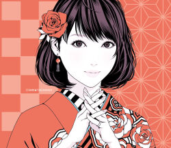 1girl black_hair brown_hair checkered_background closed_mouth commentary_request earrings eyelashes fingernails flat_color floral_print floral_print_kimono flower grey_eyes hair_flower hair_ornament japanese_clothes jewelry kimono lips looking_at_viewer medium_hair multicolored_hair orange_background orange_flower orange_kimono orange_rose original own_hands_together portrait print_kimono ring rose smile solo star_(symbol) star_symbol_background takanashi_shin tassel tassel_earrings two-tone_hair