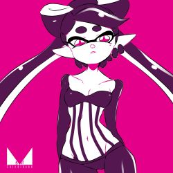 +_+ 1girl breasts callie_(splatoon) chichi_band cleavage collarbone contrapposto cowboy_shot earrings groin inkling jewelry looking_at_viewer mole mole_under_eye navel nintendo parted_lips pink_background pointy_ears ribs short_eyebrows small_breasts splatoon_(series) splatoon_1 tentacle_hair thick_eyebrows thigh_gap