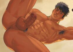 1boy abs anus anus_peek armpit_hair ass bara blue_hair commentary completely_nude dreamplpe english_commentary fire_emblem fire_emblem:_radiant_dawn flaccid foreskin from_below green_headband headband highres ike_(fire_emblem) large_pectorals male_focus male_pubic_hair muscular muscular_male nintendo nipples nude paid_reward_available pectorals penis perineum pubic_hair short_hair solo sweat testicles veins