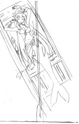 1girl armpits arms_up bikini bikini_top_only boat breasts cleavage closed_eyes fingerless_gloves gloves hair_ribbon highres jewelry large_breasts long_hair lying mermaid monochrome monster_girl nakoruru navel necklace parted_lips ribbon samurai_spirits sarong sideboob sketch sleeping snk solo swimsuit the_king_of_fighters traditional_media very_long_hair water watercraft weapon