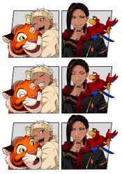2boys absurdres aladdin_(movie) bird black_hair braid crossover dark-skinned_male dark_skin earrings highres iago jamil_viper jewelry kalim_al-asim long_hair male_focus multiple_boys one_eye_closed open_mouth parrot ponytail rajah_(disney) red_eyes school_uniform smile smoku0 sneer teeth tiger twisted_wonderland white_hair