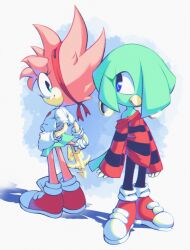 2girls absurdres amy_rose animal_ears animal_nose arm_at_side arms_at_sides beak bird_girl bird_tail black_pantyhose blue_background blue_eyes body_fur chromatic_aberration closed_mouth earrings eye_contact female_focus finger_on_trigger flat_chest from_behind full_body furry furry_female gloves gold green_eyes green_fur green_hair green_skirt hair_over_one_eye hairband hand_on_own_hip happy harpoon harpoon_gun highres holding holding_weapon hoop_earrings jewelry looking_at_another looking_back miniskirt multiple_girls nano_(nanolovesyou) off_shoulder one_eye_covered pantyhose pink_fur pink_hair profile red_footwear red_hairband red_shirt shirt shoes short_hair short_sleeves sidelocks sideways_mouth single_bare_shoulder skirt sleeves_past_fingers sleeves_past_wrists smile socks sonic_(series) sonic_the_comic spiked_hair split_mouth standing striped_clothes striped_shirt tail tekno_the_canary weapon white_gloves white_shirt white_socks