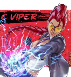 1girl absurdres ai_shou artist_name breasts character_name clenched_hand commentary commission crimson_viper earrings english_commentary green_eyes highres jewelry large_breasts letterboxed long_hair necktie punching purple_necktie red_hair solo street_fighter tinted_eyewear yellow-tinted_eyewear