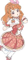 1girl :o aikatsu! aikatsu!_(series) boots bow braid buttons center_frills crown_braid double-breasted frilled_shirt_collar frilled_skirt frills ginjiro_(ginjiroxx) gloves hair_bow heart heart_hands highres knee_boots looking_at_viewer medium_hair open_mouth orange_hair ozora_akari pink_bow plaid_clothes plaid_skirt pleated_skirt puffy_short_sleeves puffy_sleeves red_boots red_hair red_shirt red_skirt shirt short_sleeves simple_background skirt solo star_(symbol) thighhighs white_background white_gloves white_thighhighs