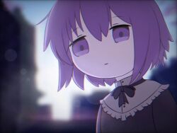 Rule 34 | 1girl, black ribbon, bloom, blurry, blurry background, building, chibi, city, depth of field, expressionless, frilled shirt collar, frills, looking at viewer, morning, oathlox, original, pale skin, purple eyes, purple hair, ribbon, short hair, soft focus, solo, sunrise