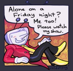 Rule 34 | 1boy, alone on a friday night? (meme), ant tenna, artist name, black pants, blush, border, crossed legs, crt, deltarune, english text, full body, furrowed brow, gloves, grey border, grin, hand on own knee, highres, lying, male focus, meme, necktie, object head, on back, outside border, pants, pointy nose, shoes, small sweatdrop, smile, solo, speech bubble, star (symbol), tailcoat, valdotpng, white gloves, yellow necktie, yellow shoes
