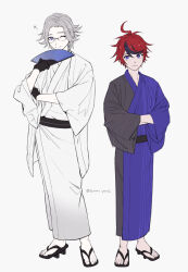 2boys aotsuki_eito black_gloves blue_eyes crossed_arms full_body geta glasses gloves grey_hair hand_fan holding holding_fan japanese_clothes kimono male_focus multicolored_hair multiple_boys one_eye_closed red_hair seiran_yoroz short_hair simple_background smile streaked_hair sumino_takumi the_hundred_line_-last_defense_academy- twitter_username two-tone_kimono white_background white_kimono