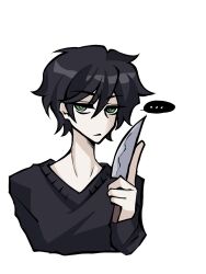 ... 1boy andrew_graves ashleygrav84480 black_hair black_sweater bright_pupils green_eyes highres holding holding_knife knife looking_at_viewer short_hair simple_background solo speech_bubble sweater the_coffin_of_andy_and_leyley upper_body white_background white_pupils