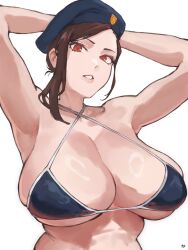 1girl armpits arms_behind_head arms_up artist_name bare_arms bare_shoulders beret bikini blue_bikini blue_hat breasts brown_hair cleavage commentary_request criss-cross_halter deadman_wonderland fukuya_art halterneck hat highres huge_breasts looking_at_viewer makina_(deadman_wonderland) military_hat parted_bangs parted_lips red_eyes short_hair simple_background solo swimsuit upper_body white_background