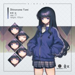 1girl black_hair black_shorts blue_eyes blue_jacket blush breasts character_name character_profile checkered_clothes checkered_skirt closed_mouth eyebrows_hidden_by_hair hands_in_pockets jacket long_hair looking_at_viewer multiple_expressions open_mouth original oshiruko_(tsume) shirt short_eyebrows shorts skirt small_breasts smile solo track_jacket white_shirt